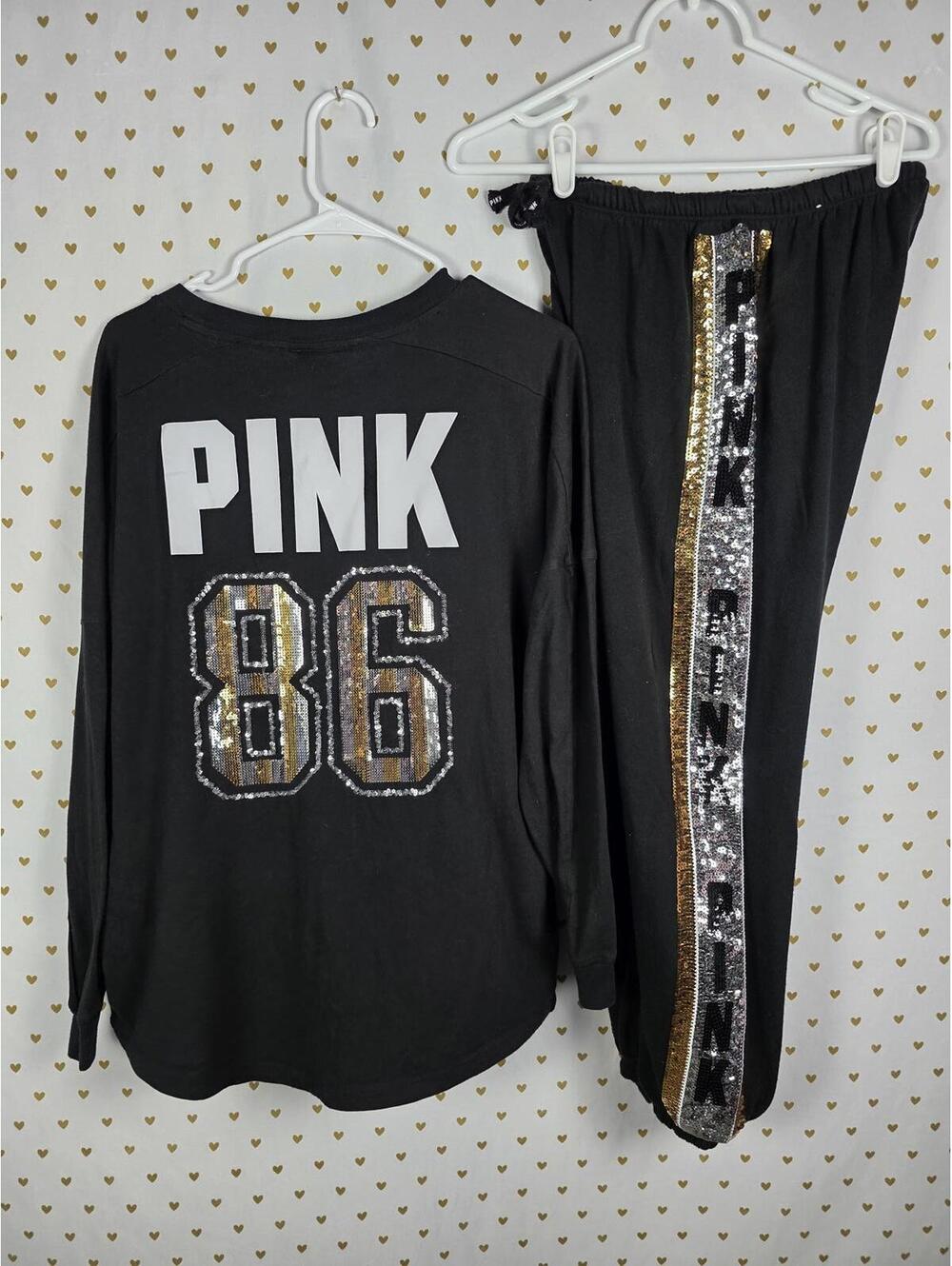 Victorias Secret PINK BLING Sequined 86 RARE Joggers Campus Tee Set Gold Stripe